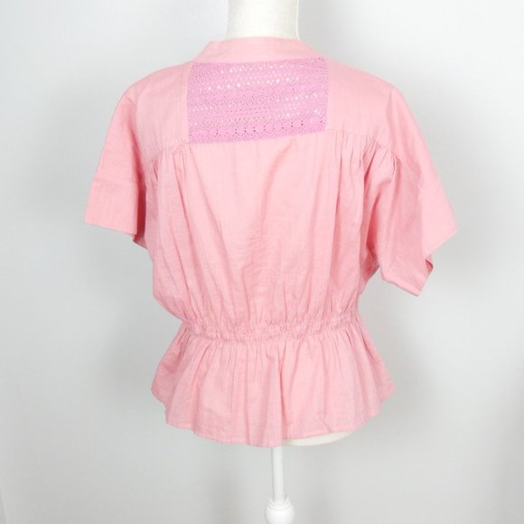 Free People Pink Button Up Short Sleeve Top w/ Gathered Waist Crochet Back Small - Picture 10 of 10
